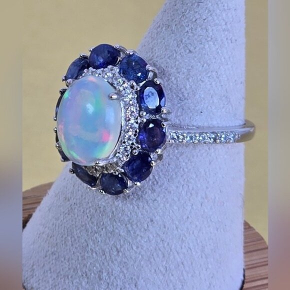 925 Sterling Silver Ring with Natural White Opal 8x10mm & Sapphire Gems - Picture 10 of 15
